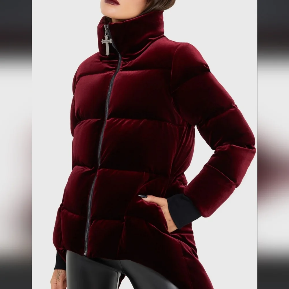 Killstar Dark Red Velvet Puffer Jacket - Picture 5 of 8